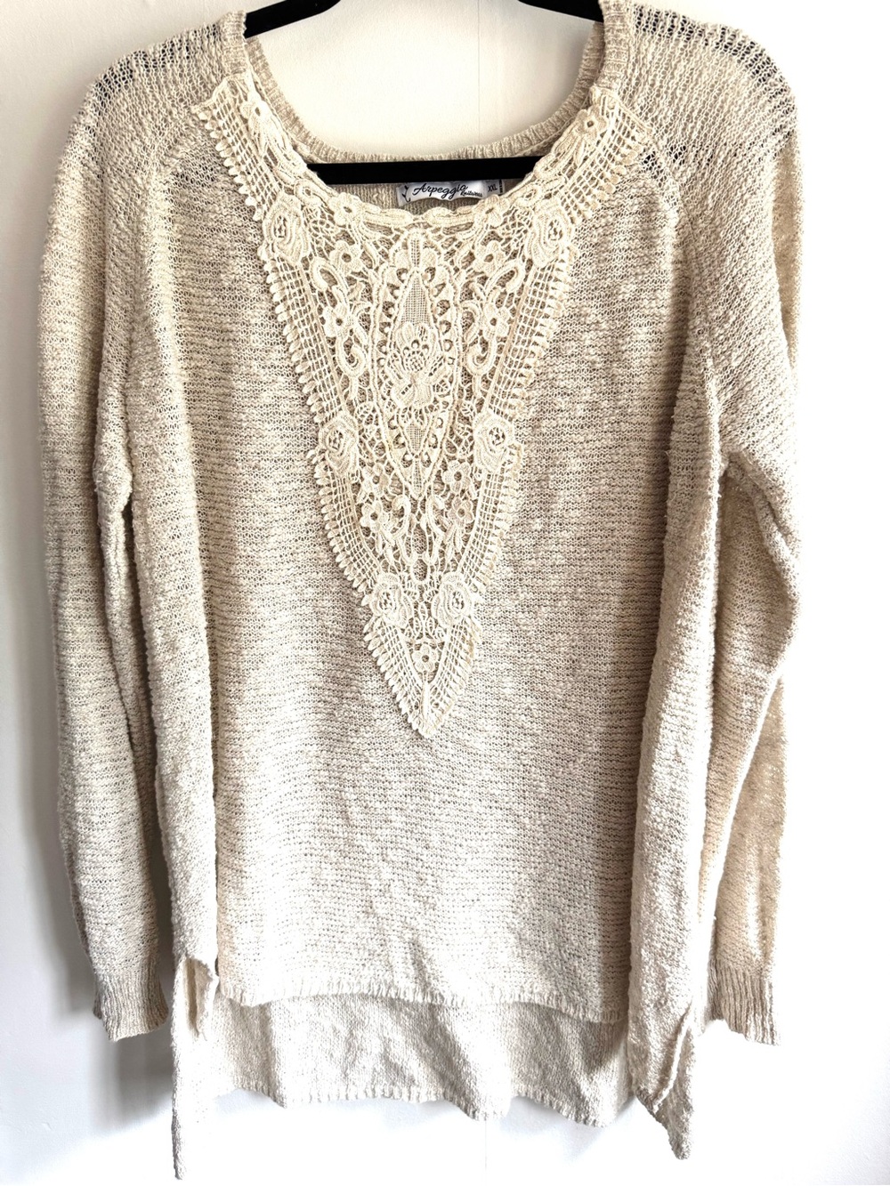 Vintage Arpeggio Lace-Trim Scoop Neck Sweater in Cream